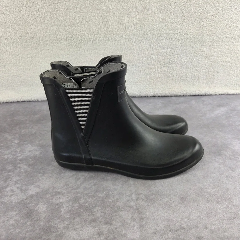 London Fog Piccadilly Black Rubber Rain Boots Striped Goring HKF00 Mens 9M